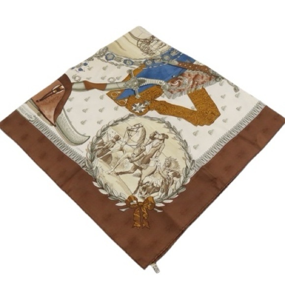 HERMES “Napoleon” 100% Silk Brown Blue & Cream Bumblebee Square Scarf Carre 90 - Picture 3 of 13